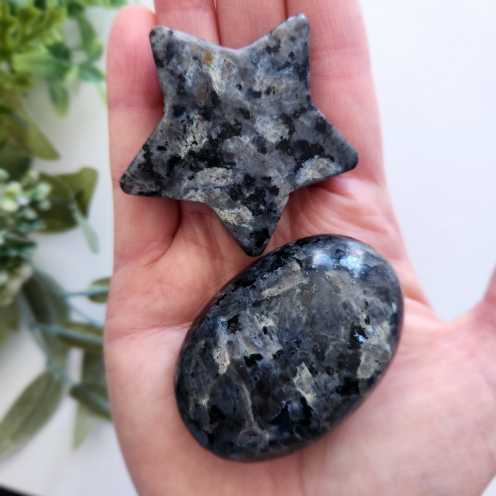 Larvikite bundle - star carving & thick palm stone - crystal gemstone rock stone